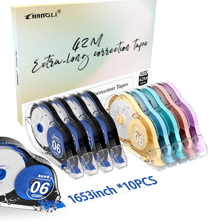 CHANGLi 10 PACK 1653Inch White Correction Tape, Total of 16530 inches, 90° Rotating Tip, Ergonomic Design, Tear-Resistant Tape Office or School Supplies, Includes Storage Pouch
