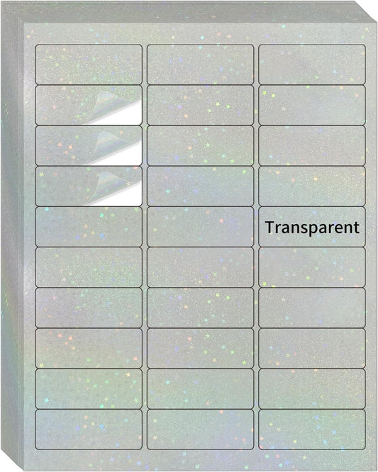 STARLIBOO Transparent Stickers Labels -1" x 2-5/8" Clear Address Labels Mailing Stickers for Laser/Inkjet Printer 8.5"×11"- 20 Sheet (Clear Holographic Star)