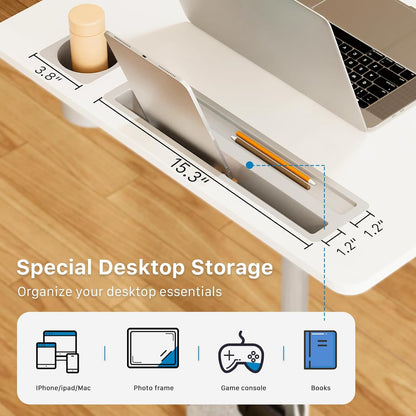 Mobile Standing Desk, 28 inch Rolling Standing Laptop Desk with Cup Holder, Mobile Desk Workstation with Wheels, Portable Computer Desk Cart with Hook for Home Office, White