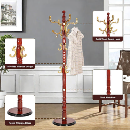Solid Wood Coat Rack – 73" Freestanding Coat Racks Stand with 14 Hooks & Stable Base, Adjustable Height Modern Wooden Hall Tree for Entryway, Bedroom, Office, Home (Begonia Round)