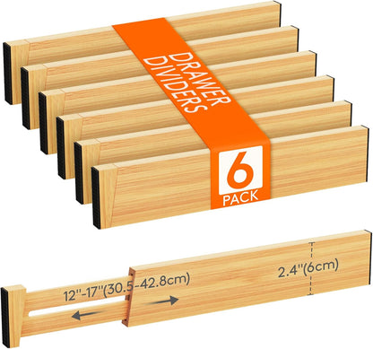 Lifewit 6 Pack Drawer Dividers Bamboo 2.4" High, 12-17" Adjustable Drawer Organizers for Clothes, Wooden Dresser Separators in Bedroom/Bathroom/Kitchen/Fridge/Office Organization and Storage