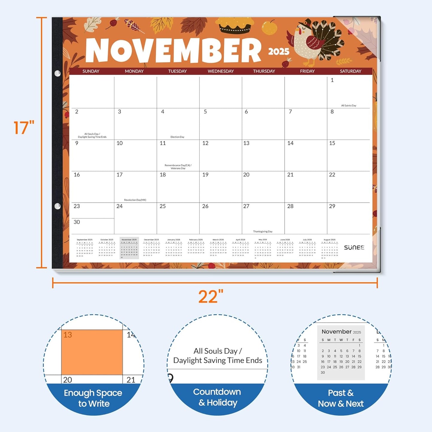 SUNEE Desk Calendar 2025-2026 Large 22x17 from October 2025 to March 2027, Extra Large Desktop Monthly Calendar Pad 18 Months For Teacher or Family, Desk Top, Seasonal