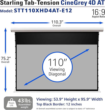 Elite Screens 110-Inch Motorized Projector Screen 16:9, CineGrey 4D at CLR/ALR, Acoustically Transparent, ISF Certified, Tab-Tensioned Electric Drop Down for Home Theater, STT110XHD4AT-E12