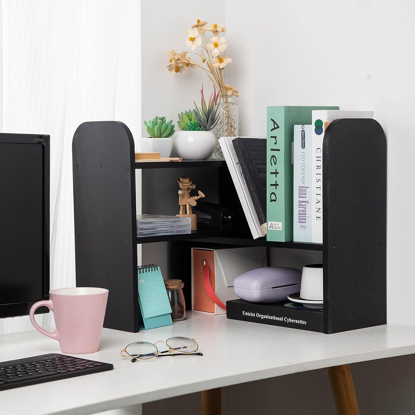 VERGOODR Desktop Adjustable Natural Wood Book Shelf Organizer Office Storage Rack Display Stand Caddy Set Expandable Desk Organizer (Black)