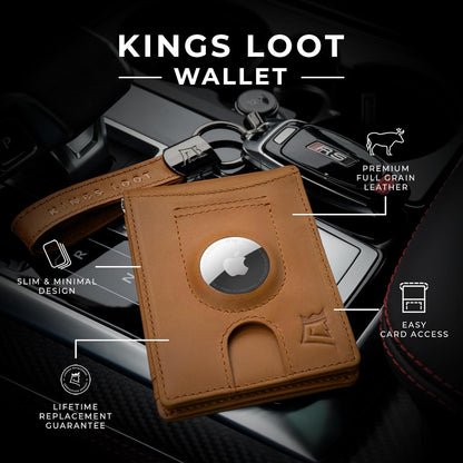 Kings Loot Trackable Airtag Wallet for Men | RFID Blocking Leather Design with Airtag Holder, Money Clip & Pull Tab | Minimalist Air Tag Wallets