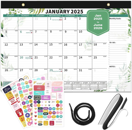 Ospelelf Desk Calendar 2025-2026, Magnetic Fridge Wall Calendar, 18 Month Monthly Large Calendar Planner with Plastic Cover Floral 17" X 12" Green Leaves