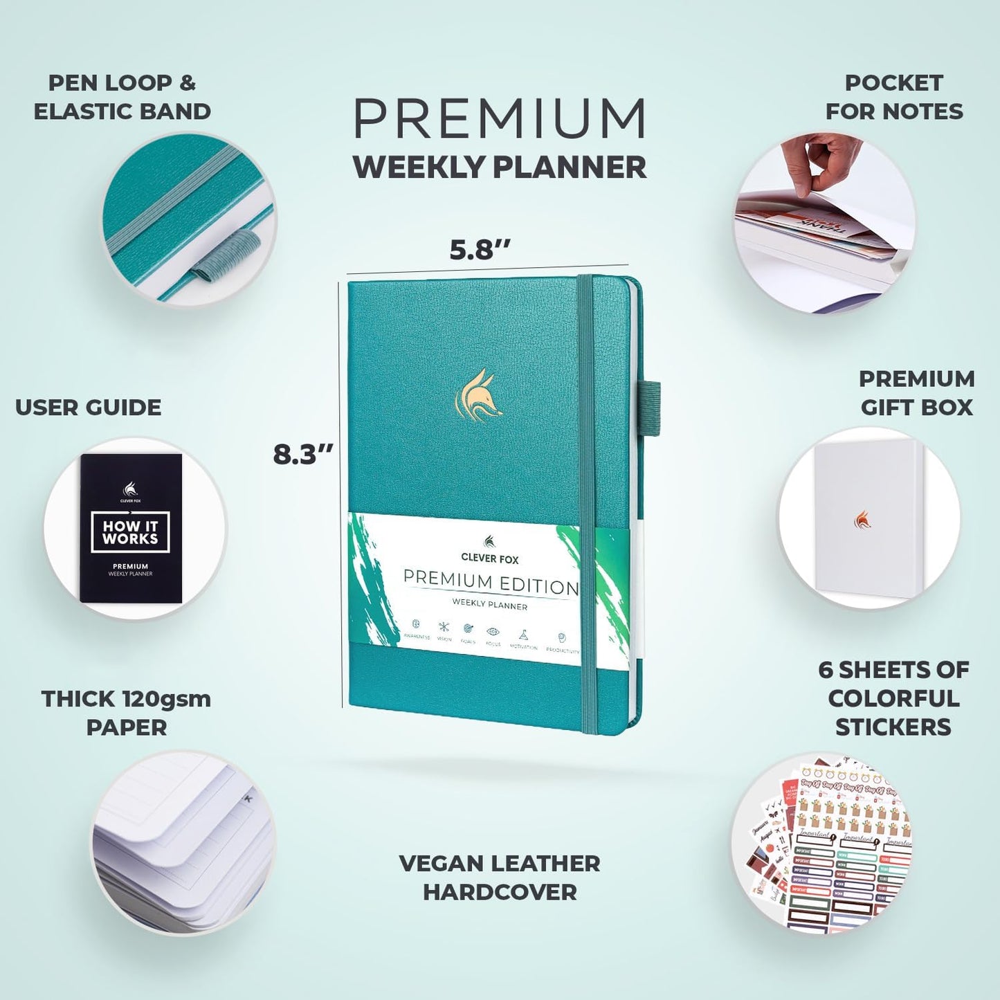 Clever Fox Planner Premium Edition – Undated Luxurious Weekly & Monthly Planner to Increase Productivity and Hit Your Goals – Organizer – Start Anytime, A5, Lasts 1 Year, Aquamarine (Weekly)