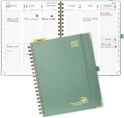 POPRUN Academic Planner 2025-2026 (July 2025-June 2026), Daily Weekly and Monthly Appointment Book (Wirebound Hard Cover - 10'' x 8'') with Hourly Time Slots, Tabs, 100 GSM - Midnight Green