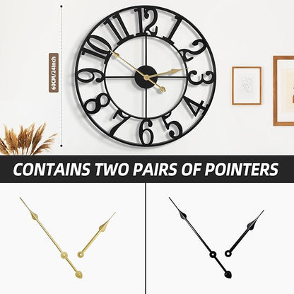 Large Wall Clocks for Living Room Decor, 24 Inch Round Black Metal Silent Non Ticking Battery Operated Jumbo Numerals Modern Vintage Decorative Clock Wall for Bedroom,Kitchen,Office,Farmhouse