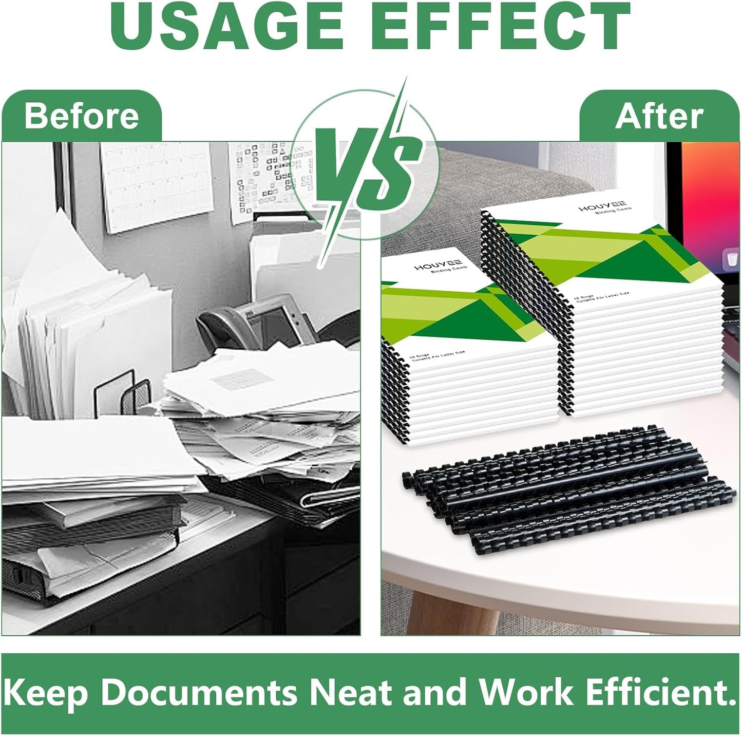 HOUYEE 3/8 Inch Plastic Binding Comb 19 Ring, 60 Sheet Capacity, Letter Size Black Comb Binding Spines (50 Pack)