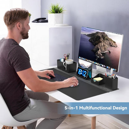 KDD Desk Pad and Magnetic Organizer Set - 5 in 1 Large Mouse Mat with Phone Stand, Cup Holder, Pen Holder, Storage Box & Card Case, Multifunction DIY Desktop Storage Accessories for Office and Home