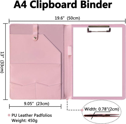 Portfolio Folder Padfolio with A4 Clipboard, PU Leather Portfolio Clipboard Business Binder Writing Clip Board Organizer for Legal Documents Business Card Men Women Pink
