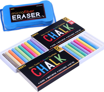 Huntz Dustless Chalk With Microfiber Eraser (Washable & Reusable) (24 Multi-Color Chalks + Eraser)