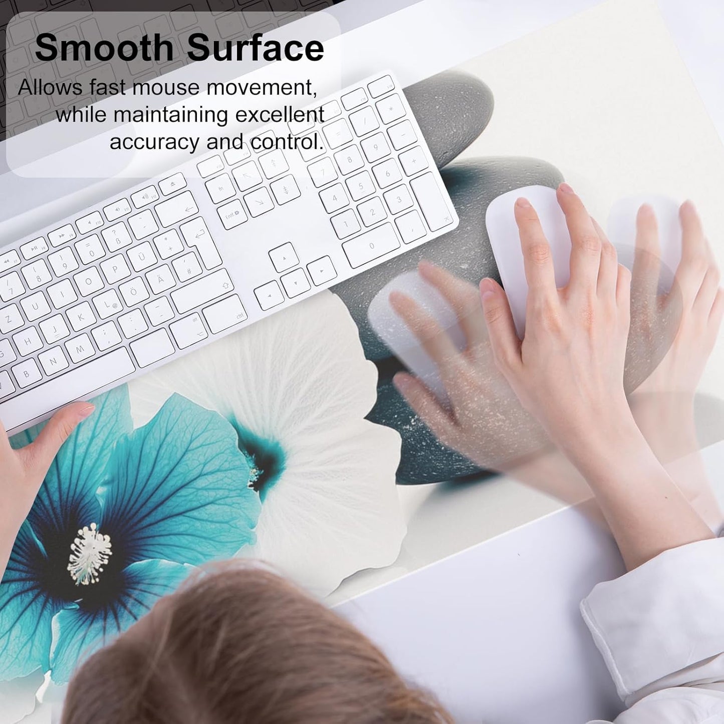 QIYI Desk Pad, Non-Slip PU Leather Desk Blotter Protector, Kids Floral Print Waterproof Computer Desk Mat, Thick Home & Office Large Keyboard Mouse Pad 31.5" x 11.8" - Pebbles & Blue White Flowers