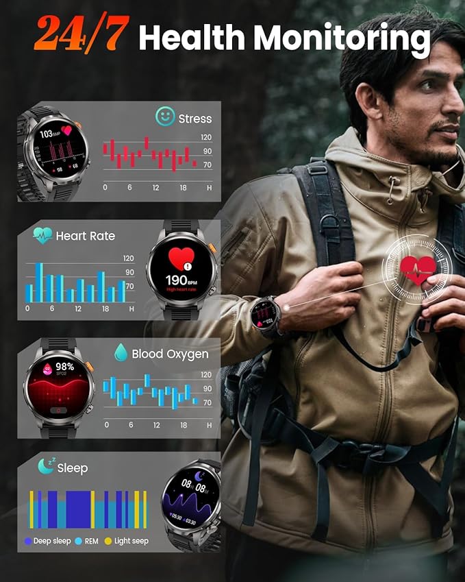 Military Smart Watches for Men, Smart Watch with 100 Days Battery/Flashlight/Heart Rate/Sleep/SpO2 Monitor/Calling/110+ Sports Mode, 5 ATM Rugged Men's Fitness Tracker Watch for Android iPhone(Black)