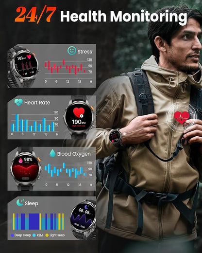 Military Smart Watches for Men, Smart Watch with 100 Days Battery/Flashlight/Heart Rate/Sleep/SpO2 Monitor/Calling/110+ Sports Mode, 5 ATM Rugged Men's Fitness Tracker Watch for Android iPhone(Black)