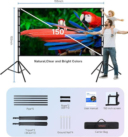 Projector Screen with Stand - 150 Inch Portable Projector Screens Outdoor Indoor Projector Screen 16:9 4K HD Outdoor Movie Screen with Carry Bag,Enioy Home Theater Projection Screen