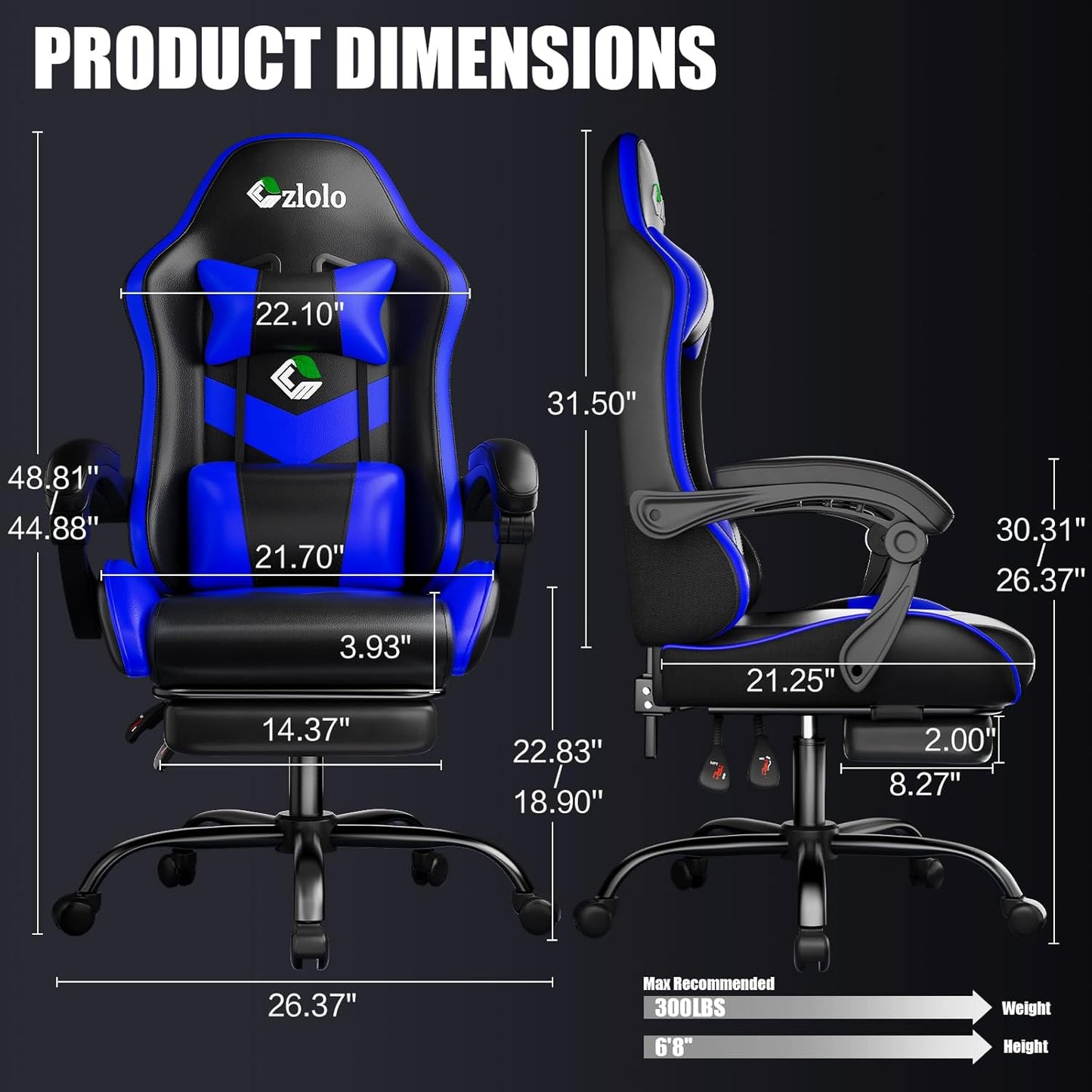 Gaming Chair, Ergonomic Office Computer Chair with Footrest and Lumbar Support Massager Racing Style High Back Video Gamer Chair, Wide＆Thick Cushion, 90°-135° Recline, Adjustable Height, Blue