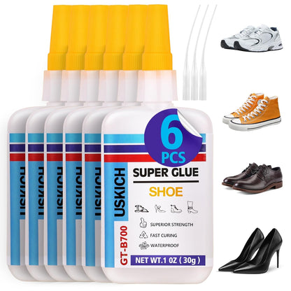 Super Glue for Shoe with Anti Clog Cap.6 X 1 Fl Oz,Ca Glue - Clear Shoe Glue Sole Repair,Waterproof Sneaker Glues for Rubber Soles,Boot,Leather, Heels,Tennis,Strong Boot Fix,Insole Adhesive