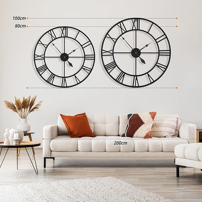 Large Wall Clocks for Living Room Decor, 32 Inch Round Black Metal Silent Non Ticking Battery Operated Jumbo Numerals Modern Vintage Decorative Clock Wall for Bedroom,Kitchen,Office,Farmhouse