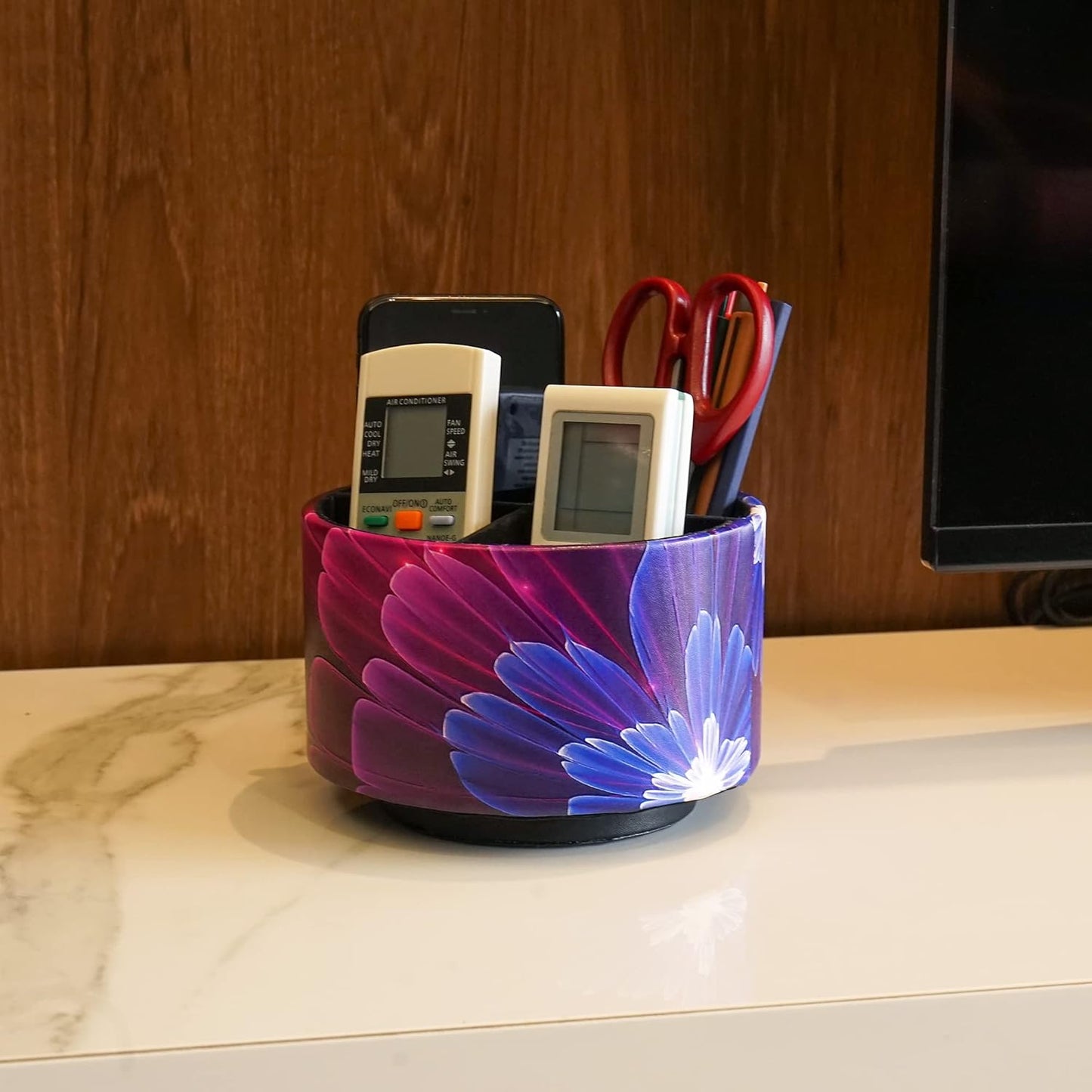 lizimandu Round Leather Art Supply Organizer,Remote Control Holder,360 Degree Spinning,Multi-Functional Pencil Holder,4 Compartments Desktop Stationary Organizer(1-Blue Fractal Flower)