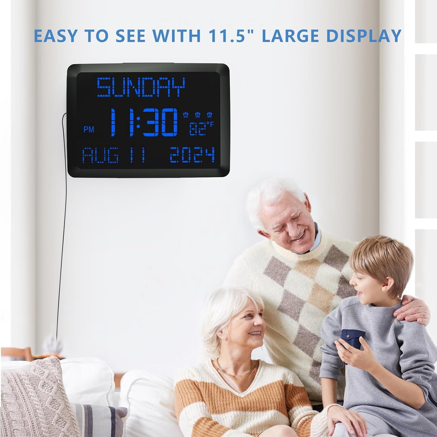 Raynic Digital Clock, 11.5" Large Display Calendar Clock with Day and Date, Indoor Temperature, Adjustable Brightness, Snooze,12/24H, DST for Home, Office, Elderly