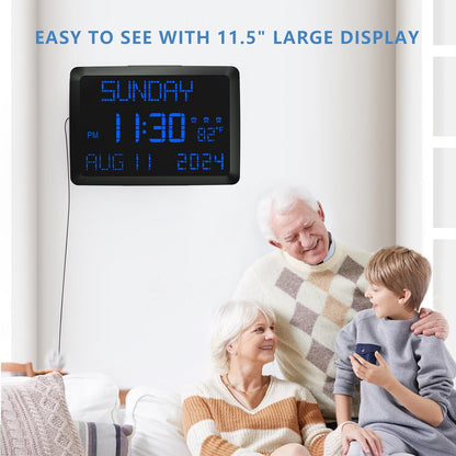 Raynic Digital Clock, 11.5" Large Display Calendar Clock with Day and Date, Indoor Temperature, Adjustable Brightness, Snooze,12/24H, DST for Home, Office, Elderly