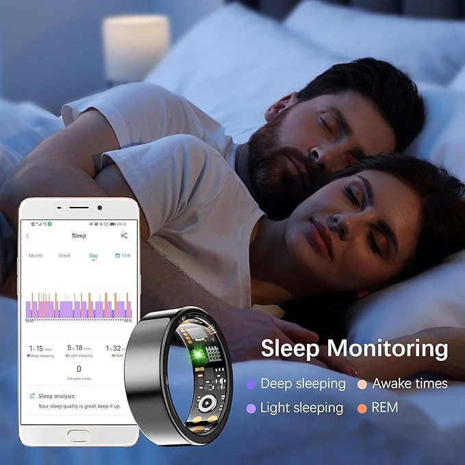 Health Tracker Ring, Smart Health Ring for Women Men with Heart Rate, Blood Oxygen, Sleep Monitor, Steps,Calories, No Subscription Fee, IP68 Waterproof Smart Ring for iPhone & Android (Black, 8#)