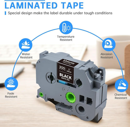 Unismar TZe-355 Compatible for Brother Ptouch 24mm 0.94 Laminated White on Black Label Tape TZ355 TZ Tape Work for PTD600 PT-P700 PT-2430PC PT-D600VP PT-D800W PT-P900W Label Maker, 1'' x 26.2', 4-Pack