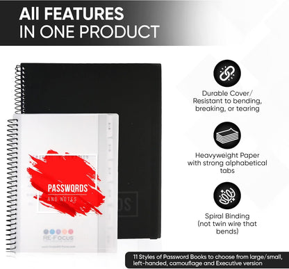 RE-FOCUS THE CREATIVE OFFICE, Password Book Keeper, Black, Small, Mini, Alphabetical Tabs, Spiral Bound, Removable Sheets, Journal Organizer, Includes, Website, Address, Username, Password