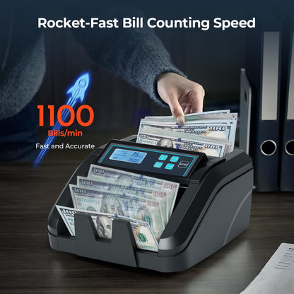 MUNBYN IMC51 Money Counter Machine Count Value, Add+Batch/Add+ Value Mode Bill Counter, UV/MG/IR/MT Detection, USD only Cash Counter,1100 Bills/min, Money Counting Machine with LCD Display (Black)