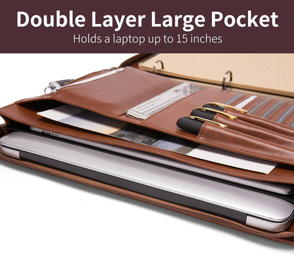 Genuine Leather 3 Ring Binder Portfolio, 8.5 x 14 Legal Size Pad Holder, Hidden Handle, Zippered Padfolio with 15” Laptop Organizer, Professional Business Folio for Men Women, Brown, Oil Tanned