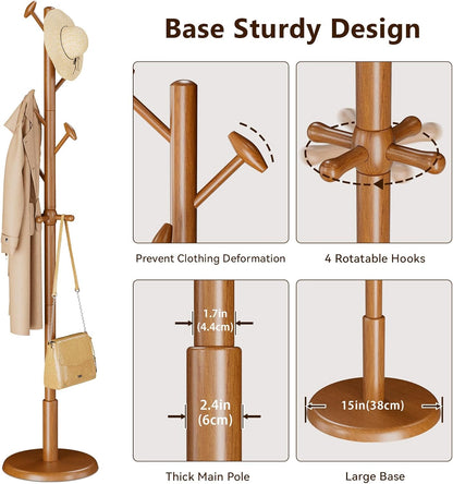 Solid Wood Coat Rack Freestanding Coat Tree with 10 Hooks for Bedroom, Livingroom, Entryway, Sturdy Coat Hanger Stand for Hats, Coats, Scarves, Handbags, Purses