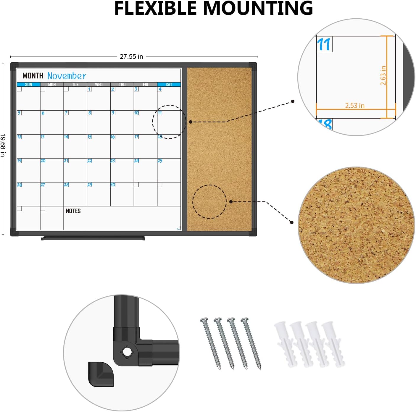 XBoard Dry Erase Calendar Whiteboard 28 X 20 - Combo White Board Calendar Monthly, Magnetic White Board + Corkboard with Black Aluminum Frame