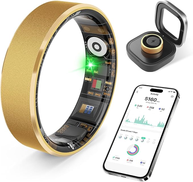 Smart Health Ring, Featuring Stress and Sleep Monitoring Functions, Compatible with iOS and Android, Waterproof Fitness Tracker for Women & Men, No Subscription Fee. (Gold, 12)