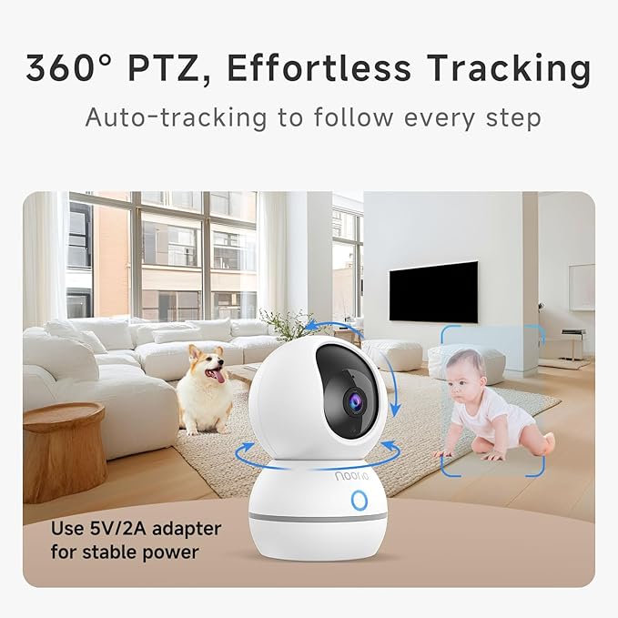 Noorio 2K Security Camera Indoor, Pan/Tilt Pet Camera with Speaker, One Touch Call Baby Monitor Dog Cam, Plug-in 24/7 SD&Cloud Storage, Color Night Vision, 2.4G WiFi, CS201, 2Pcs