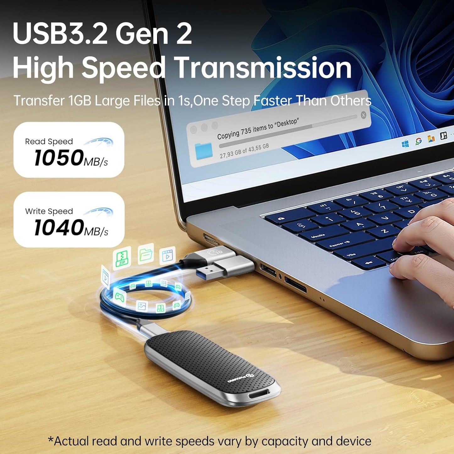 PHIXERO P10PRO External NVMe SSD 2TB, Up to 1050MB/s, USB 3.2 Gen2, Includes 2-in-1 USB C Cable, Portable Hard Drive for iPhone 15+/Android/Windows/Mac, Black