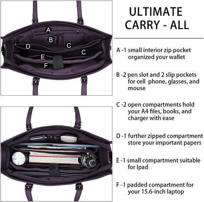 Laptop Bag for Women Waterproof Lightweight Leather 15.6 Inch Computer Tote Bag Business Office Briefcase Large Capacity Handbag Shoulder Bag Professional Office Work Bag Dark Purple