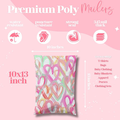 10x13 Designer Poly Mailer 100 Pack Heavy Duty Waterproof Self Seal Shipping Bags for Small Business Large Mailing Envelopes Bulk Tear Resistant Cute Packaging Happy Hearts