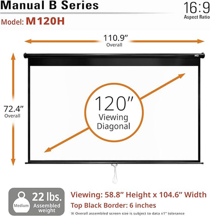 Elite Screens Manual Pull Down Projector Screen 120-INCH Home Movie Cinema Gaming Office Presentation, ISF Certified, Auto-Lock Mechanism, 4K / 8K 3D Ultra HDR HD Ready, M120H