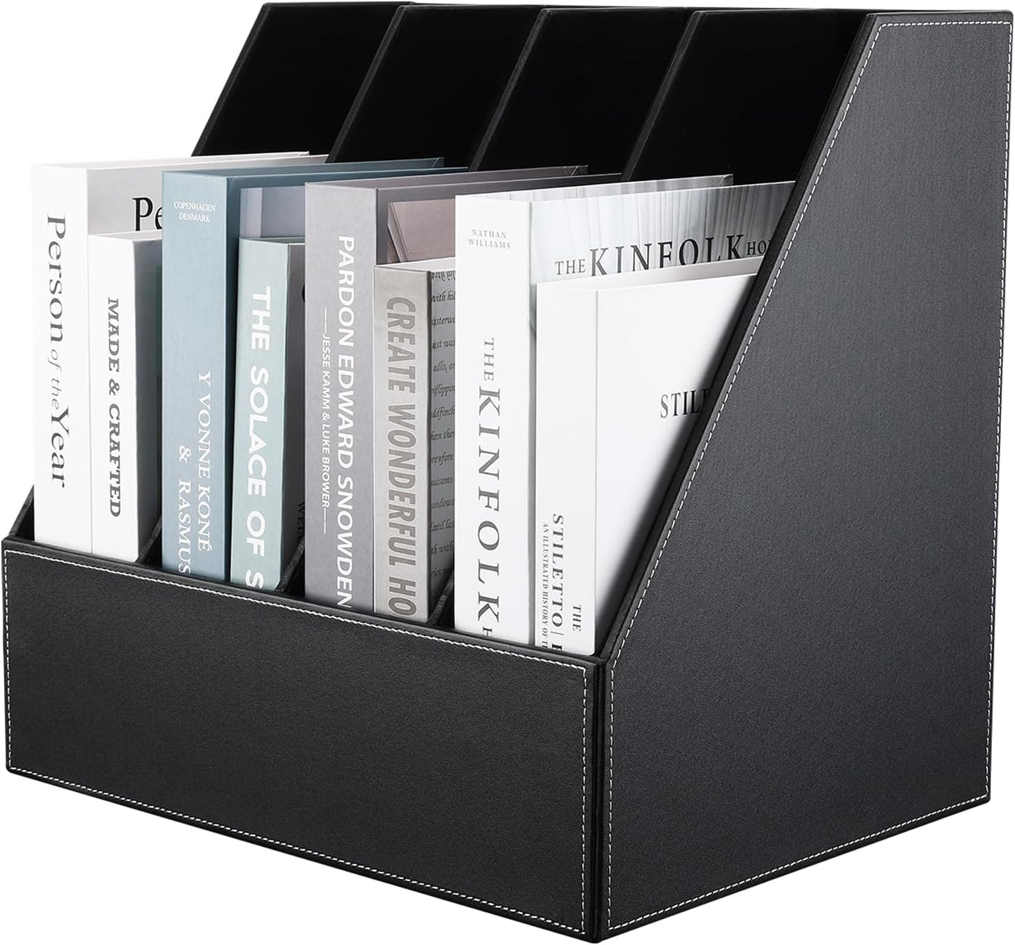 KINGFOM 4-Slot Wood Leather Document Files Holder Rack Stand Desk Files Organizer Papers Collection Cabinet (4 slot Black)