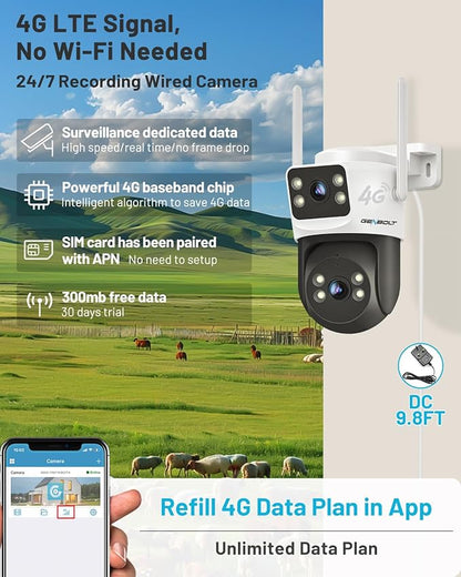 GENBOLT 4G LTE Cellular Security Camera Outdoor No WiFi, Dual Lens PoE Surveillance Camera CCTV with Sim Card, 24/7 Recording Plug in Wired IP Cam with Auto Tracking Human Detection