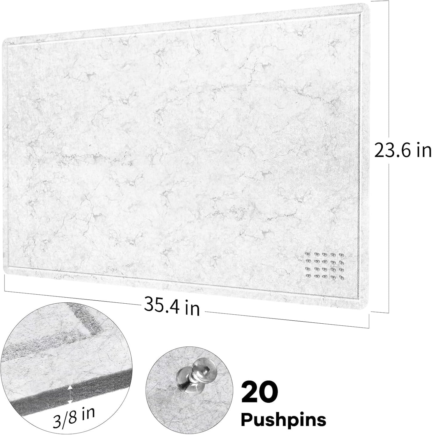 Bulletin Board, 36 x 24 inches Felt Board - Decorative Pin Board, Cork Board Alternative for Wall, 3' x 2' Foldable Picture Board Self-Adhesive Vision Board with 20 Pushpins - Marble White