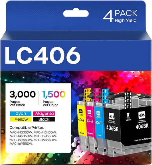 LC406 Ink Cartridges Compatible for Brother LC406 LC406XL LC 406 XL Work for Brother MFC-J4335DW MFC-J5855DW MFC-J4535DW MFC-J6555DW MFC-J6955DW Printer (4 Pack, Black, Cyan, Magenta, Yellow)