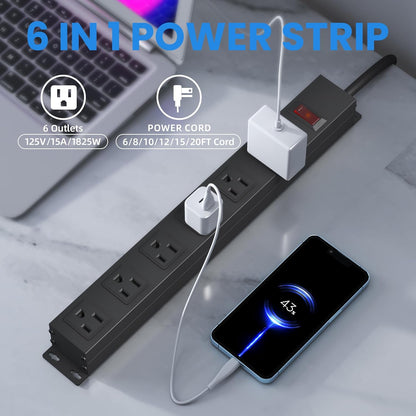 Power Strip with 6AC Outlets Wide Spaced and 14AWG Power Cord,Wall Mount Outlet Power Strip Heavy Duty for Commercial, Industrial, School and Home with Switch,15A 125V 1875W,Black (12FT)