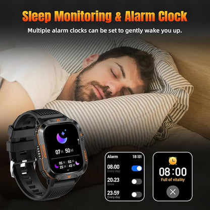 QTLLBT Military Smartwatch, Answer Make Calls LED Flashlight Barometer Compass 2.01HD IP68 Waterproof Outdoor Tactical Watch 100+ Sports Modes Sleep Heart Rate Available for Android iOS (Steel Band)