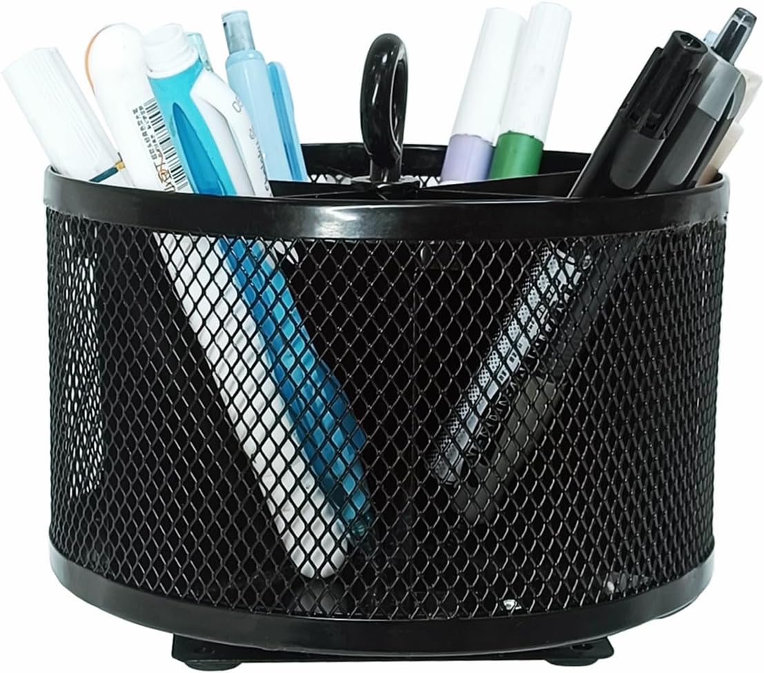 SETTFRFE Metal Mesh Desk Organizer,360°Rotating Pen Holder, Black Pencil Container with 6 Compartments, Office Supplies Organizer for Students, Home, Workspace
