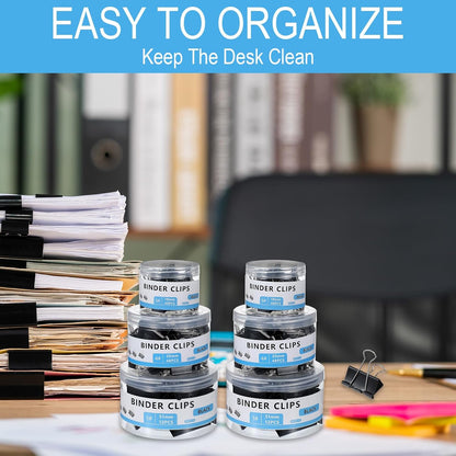 Binder Clips Assorted Sizes Including Extra Large Medium Small Mini and Micro, Office Supplies File Clamps Paper Clips, 6 Sizes in 6 Boxes, 208 PCS Metal Black Clamps for School