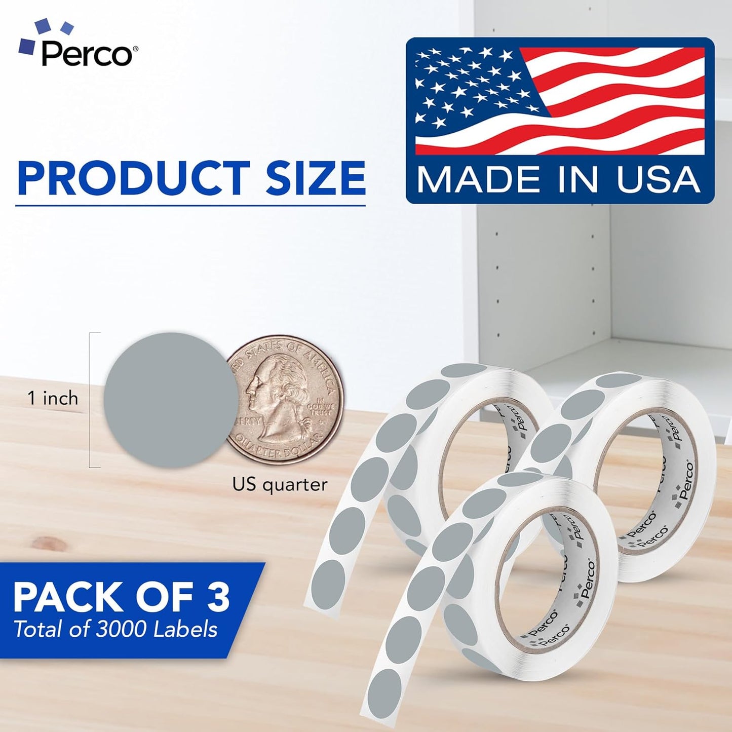 Perco Grey 1-Inch Round Circle Dot Sticker Labels - Multi-Roll Pack (3 Rolls, 1,000 Labels Each) - Permanent Adhesive, Vibrant Colors, Strong Hold - Perforated for Easy Use - Made in USA