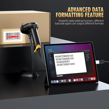 TEEMI 2D Barcode Scanner with Smart Stand USB Wired Handheld Automatic QR Data Matrix PDF417 OCR bar Codes Imager Global Shutter Computer Screen Scan for Windows Mac and Linux PC POS, Stand Included